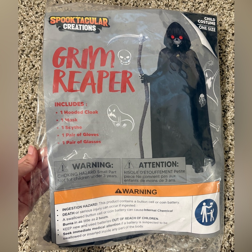 Grim Reaper Kids Costume - Black Hooded Cloak With Accessories